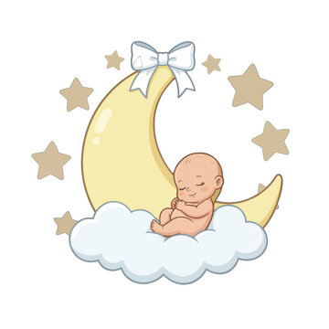 Baby Sleeping on Crescent Moon with Stars, Cute Infant Illustration Isolated Transparent Background for Nursery Design