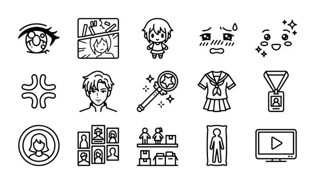 Anime Manga Icons Set: Chibi Characters, Emotions, School Uniform, Magic Wand, Awards, Video Player