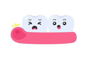 Fototapeta premium Two cute cartoon tooth characters sitting on gum with painful and worried expressions on white background