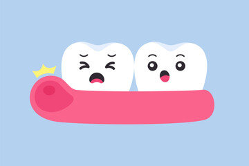 Fototapeta premium Two cute flat cartoon tooth characters sitting on gum with painful expressions on light blue background