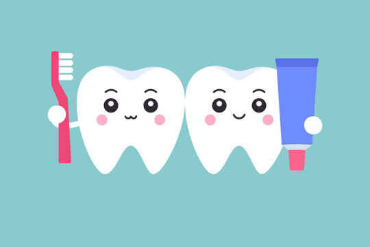 Two cute cartoon tooth characters with pink toothbrush and blue toothpaste tube on teal background