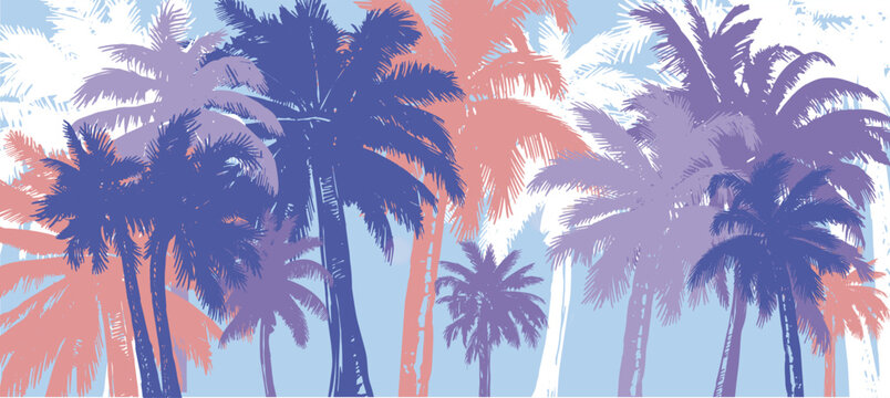 Palm, summer set, hand drawn illustrations, vector.	
