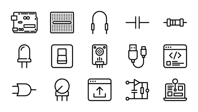 Electronic Components Icons, Circuit Board, Resistor, LED, Breadboard, Technology Vector Set