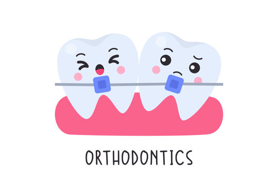 Cute cartoon crooked misaligned tooth characters on gum with orthodontics text on white background