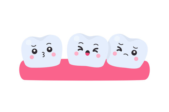 Three cute cartoon crooked misaligned tooth characters with uncomfortable expressions on gum on white background