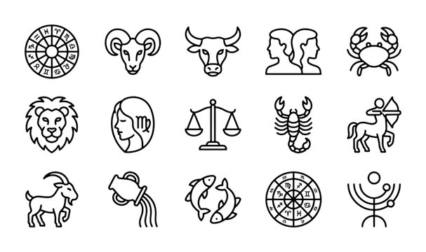 Zodiac Signs Icons, Astrology Symbols Collection, Horoscope Constellation Graphics, Celestial Navigation