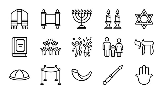 Jewish Holiday Icons Set, Religious Symbols Collection, Celebration Vector Graphics