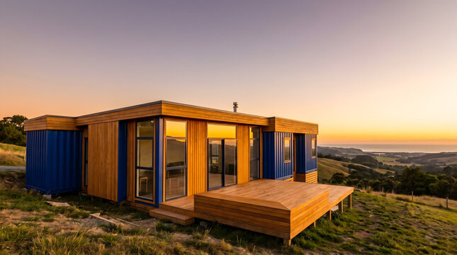 Shipping container home with timber cladding at golden hour hilltop sunset