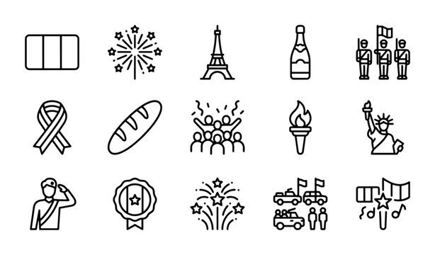 French National Day Icons: Bastille Day Celebration Symbols, Paris Landmarks, Festive Elements