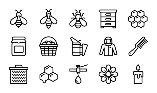 Beekeeping Icons Set: Honeybee, Hive, Apiary Tools, Honey Jar, Comb, Flower, Candle