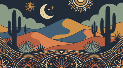 Minimal Southwest Desert Cactus Monoline Landscape Vector © Rkniazi