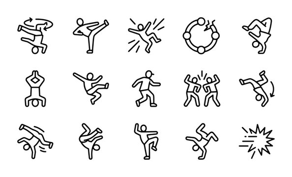 Breakdancing Icons Set, Hip Hop Dance Moves, Urban Street Dance Vector Graphics