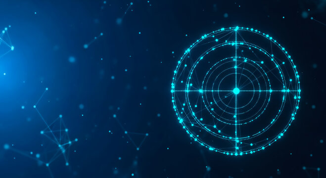 Modern digital illustration of a high-tech radar or sonar interface. Features glowing blue circular patterns and a sleek, futuristic design on a dark blue backdrop.