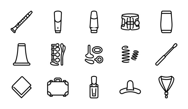 Musical Instrument Parts Icons, Woodwind & Brass Accessories, Vector Set