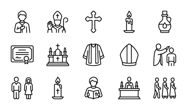 Religious Icons Set: Christian Clergy, Symbols, Worship, Ceremony, Faith, 15 Vector Elements