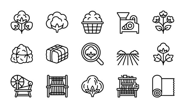 Cotton Icons Set, Textile Industry Vector Graphics, Agriculture and Manufacturing Line Art Collection