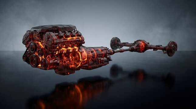 Glowing automotive powertrain with engine transmission and drivetrain on dark background
