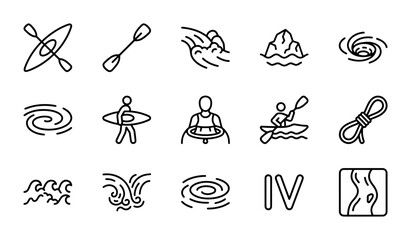 Fototapeta premium Kayaking and Water Sports Icons, Vector Set: Adventure, River, Ocean Activities