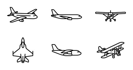Airplane Icons Set: Commercial Jet, Propeller Plane, Fighter Jet, Biplane, Vector Graphics © DesignHost