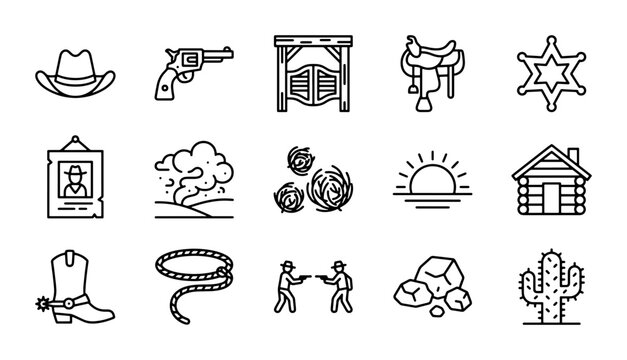 Western Icons Set: Cowboy Hat, Revolver, Saloon Doors, Saddle, Sheriff Star, Wanted Poster, Campfire, Sunset, Cabin, Boot, Lasso, Cactus