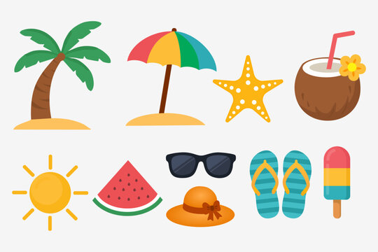 ummer Vacation Flat Icon Set with Beach Elements  Tropical Palm Tree  Sunglasses and Ice Cream