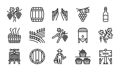 Obraz premium Vineyard Icons Set, Wine Making Vector Graphics, Winery Elements Collection