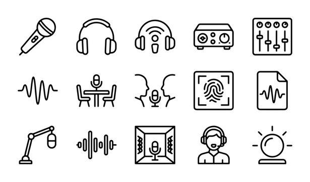 Audio Icons Set, Sound Recording Equipment, Music Production Vector Graphics