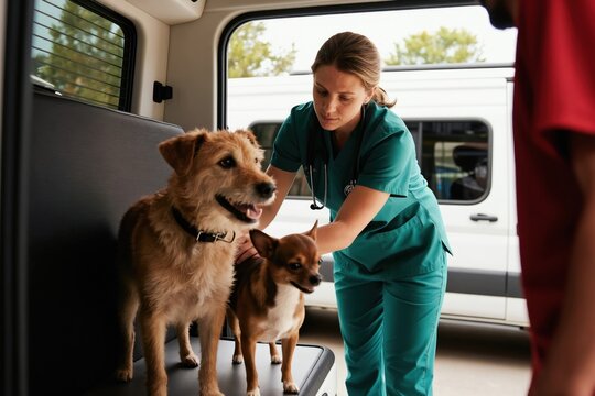 Female vet examines two dogs inside animal clinic van. Veterinarian checks pet health, offers mobile veterinary care for pets at owner place. Convenient service for animal well being.
