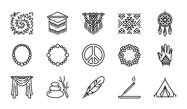 Boho Icons Set: Dreamcatcher, Peace Sign, Feather, Mandala, Tent, Macrame, 15 Vector Elements
