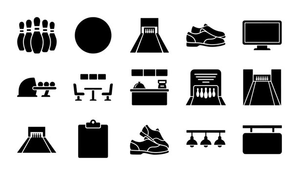 Bowling Icons Set: Pins, Ball, Shoes, Lanes, Scoreboard, Equipment, Vector Graphics