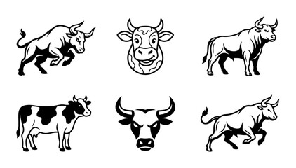 Naklejka premium Bull Icons Set, Cattle Vector Graphics, Farm Animals Collection, Livestock Illustrations