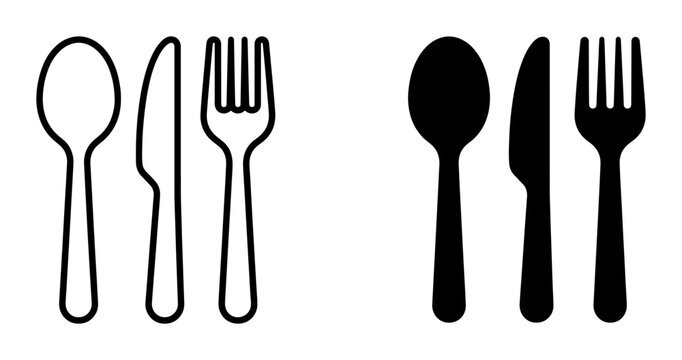 Cutlery Icons: Spoon, Knife, Fork Set, Black and White Vector Graphics for Food Service and Dining