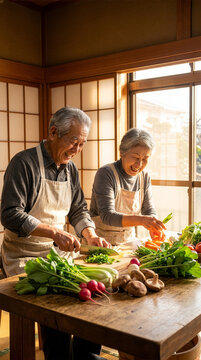 Healthcare ヘルスケア 147 Senior Japanese Couple Smiling and Holding a Pot of Nutritious Stew in a Traditional Kitchen（伝統的なキッチンで栄養たっぷりの煮込み料理が入った鍋を持つ笑顔のシニア日本人夫婦）