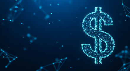 Obraz premium A glowing dollar sign symbol composed of dots, set against a dark blue backdrop with interconnected lines and particles.