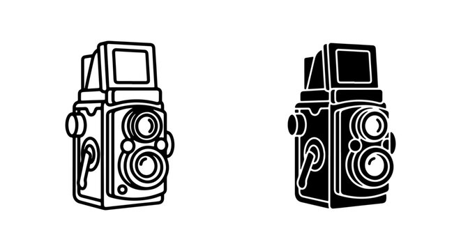 Retro Twin Lens Reflex Camera Icons, Vintage Photography Equipment Vector Graphics, Classic Photo Device Illustrations