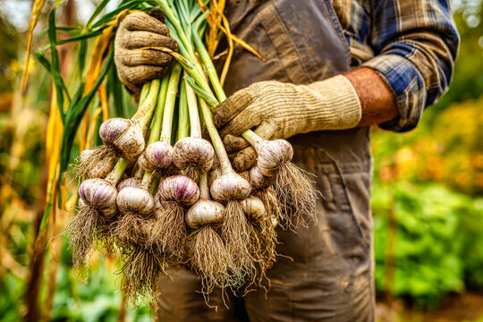 A gardener picks garlic bulbs from the ground and holds them in hands. The scene takes place on a farm during the summer harvest season