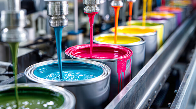 Cans are being filled with vibrant paint colors at a factory production line. The process showcases modern equipment and stainless steel setup during paint production