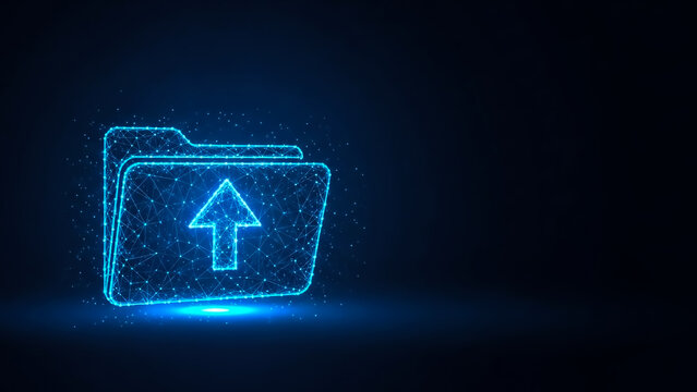 A modern, futuristic folder with an upward arrow symbolizing file upload, rendered with neon blue highlights on a dark backdrop.
