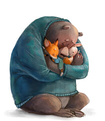 Obraz premium Cute lovely bear character with a fox and hare