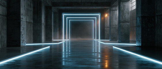 Fototapeta premium Luxury Black Warehouse Interior With Neon Blue Light Frames, Futuristic Concrete Corridor and Reflective Industrial Mockup Background