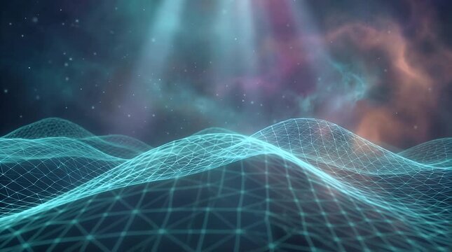 A digital landscape with a glowing blue wireframe grid surface under a cosmic sky with light rays and nebulae.