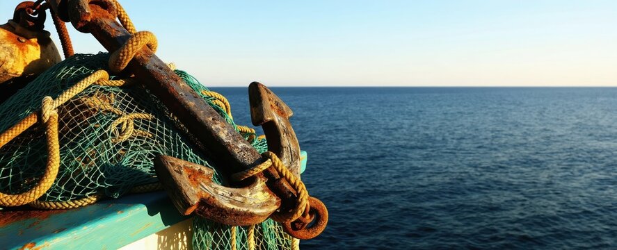 Rusty ship anchor and fishing net rest on boat deck. Calm blue sea ocean horizon visible. Nautical equipment detail for maritime travel and industry. Fishing gear waits for next catch at sea.