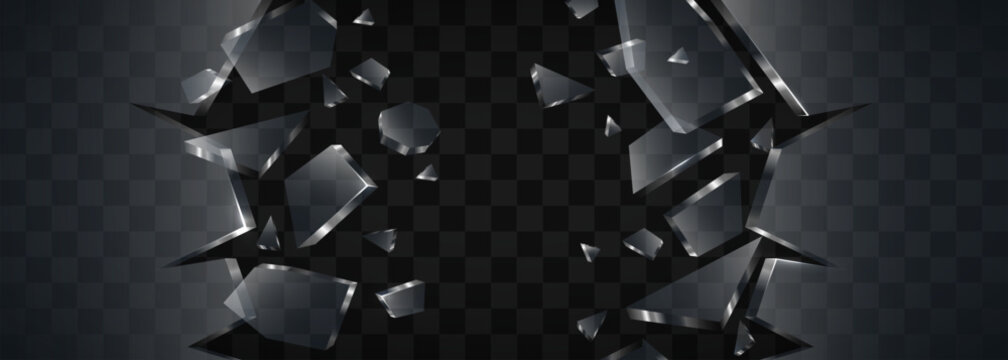 Shattered glass shards on a dark transparent background. Realistic broken glass pieces. Vector illustration.