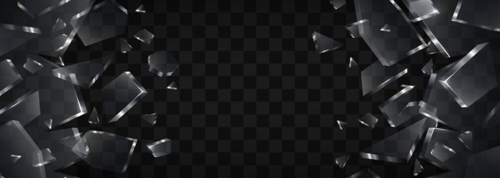 Abstract background with realistic transparent broken glass shards. Dynamic crystal fragments. Vector illustration.