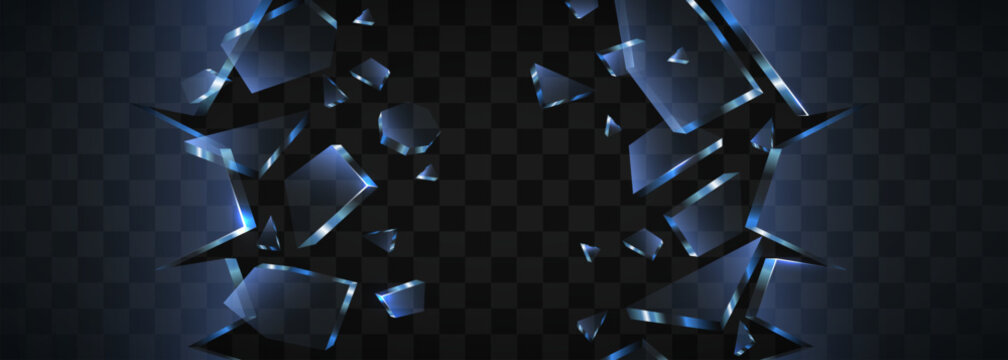 Shattered blue glass pieces on a dark transparent background. Abstract geometric explosion Vector illustration