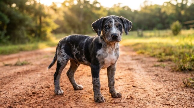 Louisiana catahoula puppy standing on red dirt lane with dark blue merle patches, bright eyes, sunlit rural background, sturdy young body, quiet countryside road setting, and open field warmth