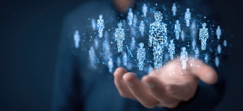 Hand holding a glowing network of interconnected human figures