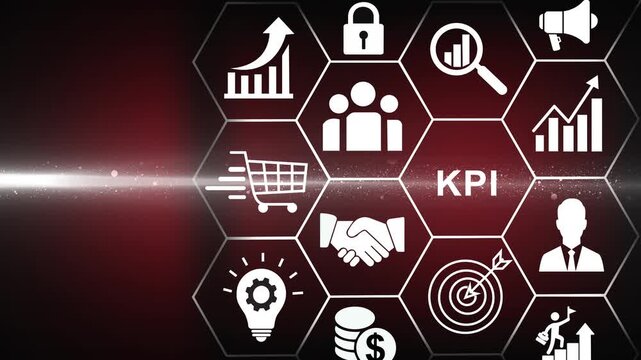 Effective and smart key performance indicators (KPIs) to measure and evaluate progress. Specific, measurable, achievable, realistic, timely. Tracking performance, 4k black background icon animation