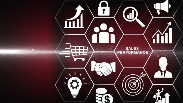 Sales performance management and report concept. Drive sales performance to optimize sales team's capabilities and optimize the window opportunity for the sale.4k black background icon animation