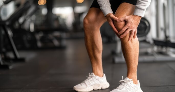 Person in gym holds injured knee, indicating pain and discomfort